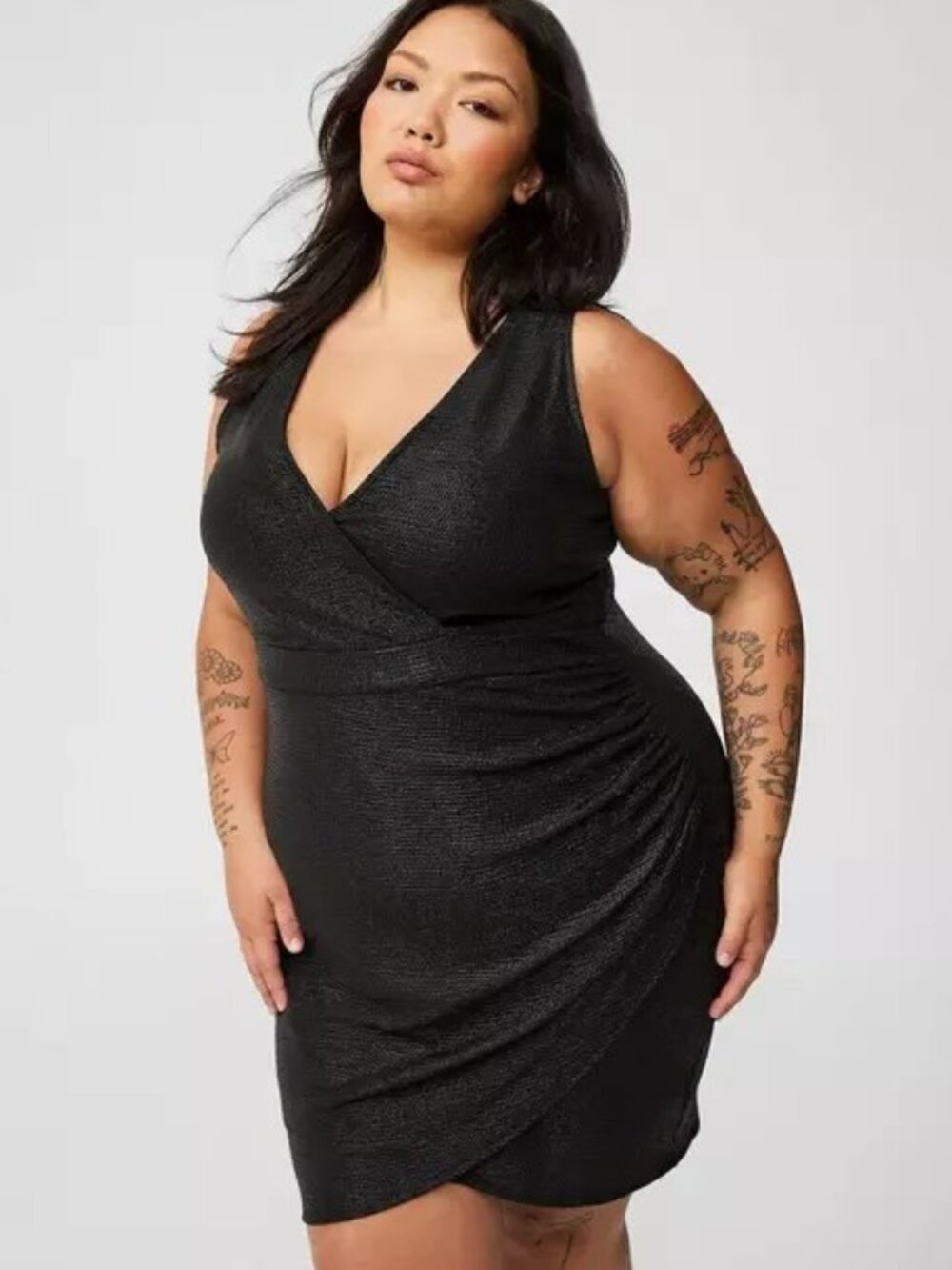 NWT - Torrid Size 3 Metallic Mini Foil Surplice Tulip Dress Black
